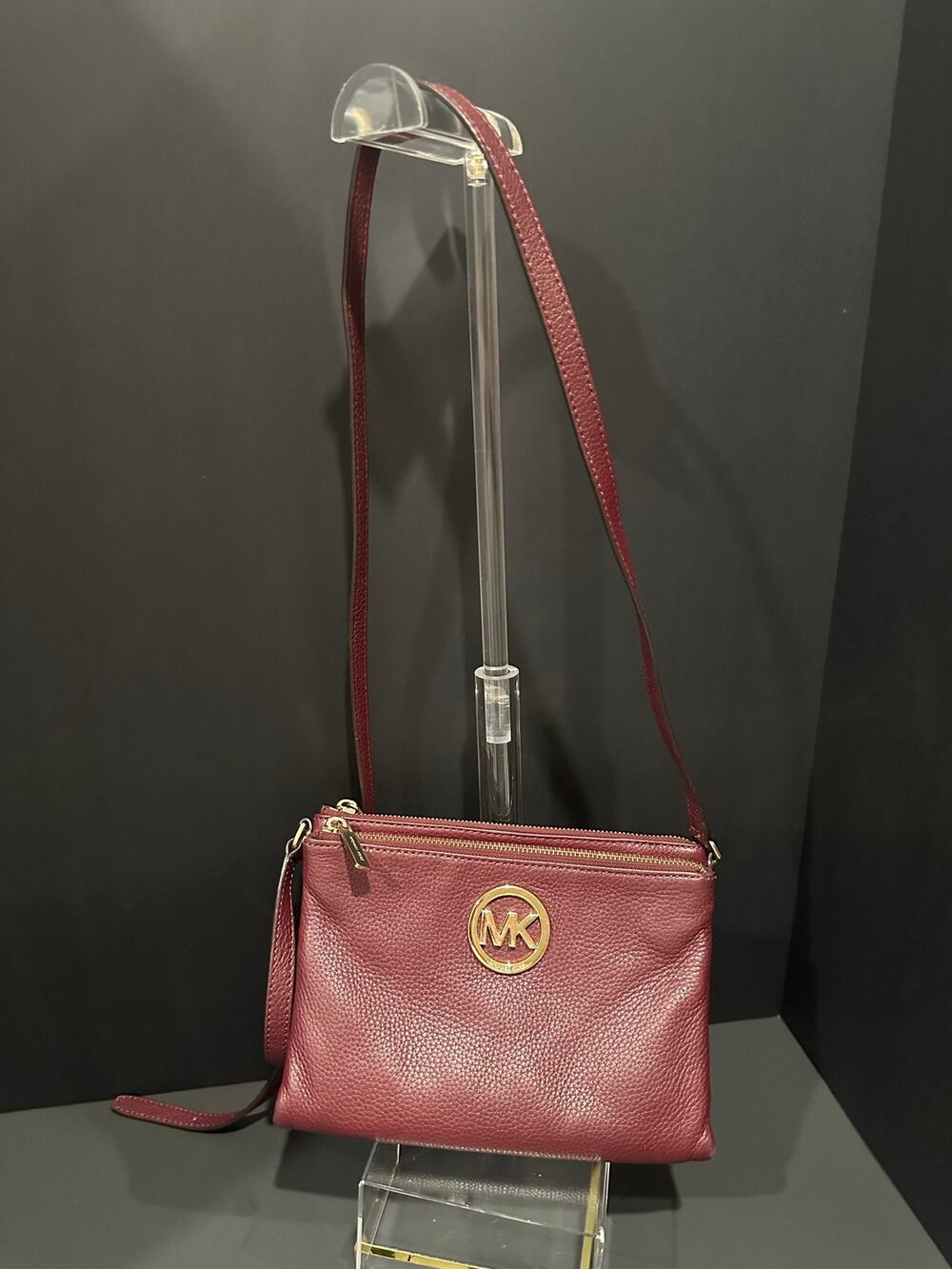 Michael Kors Burgundy Pebbled Leather Wallet Crossbody Triple Zip Gold Logo